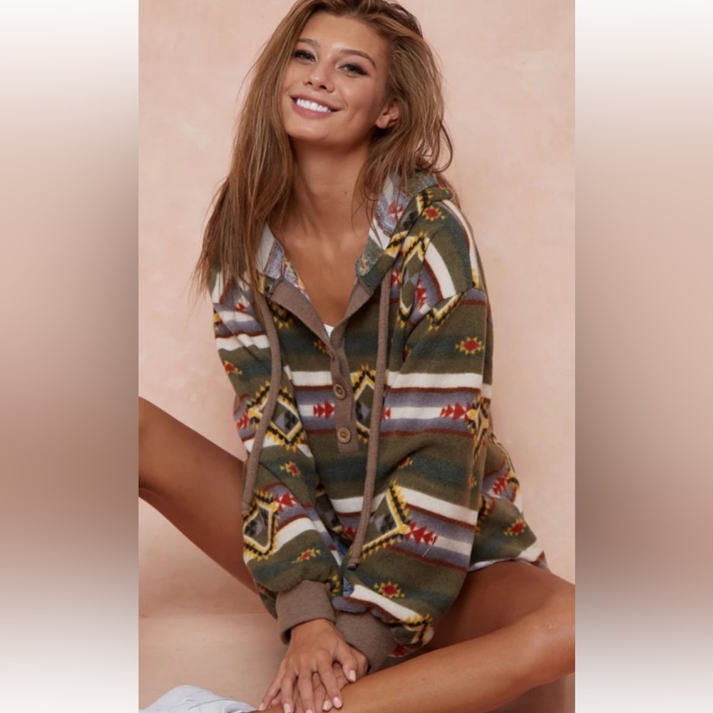 BiBi Olive Green Aztec Hooded Pullover with Cream & Rust Stripes